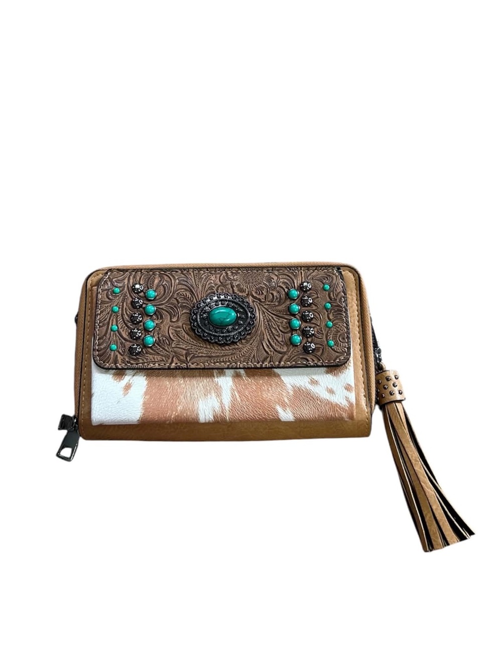 Western Turquoise Accent Brown Leather Wallet with Tassel